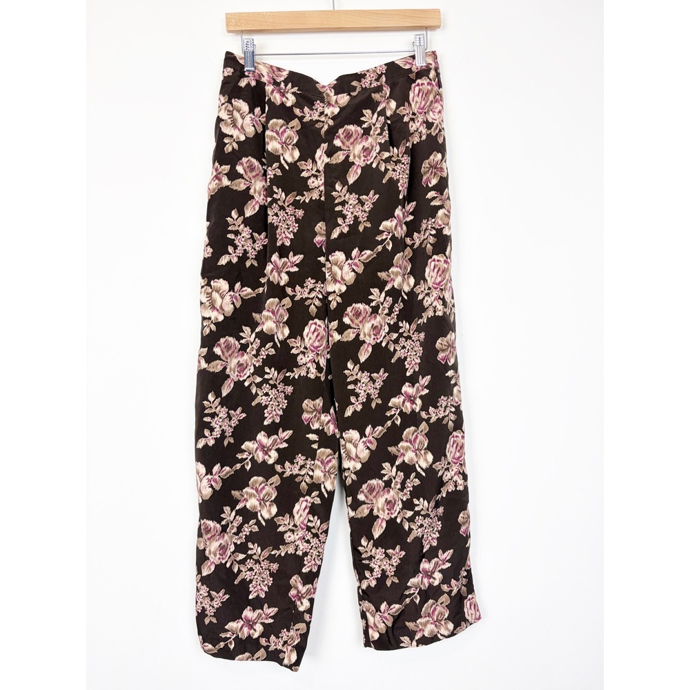 VTG Woolrich Womens‎ Brown Floral Satin Relaxed Straight Leg Pants Sz Medium